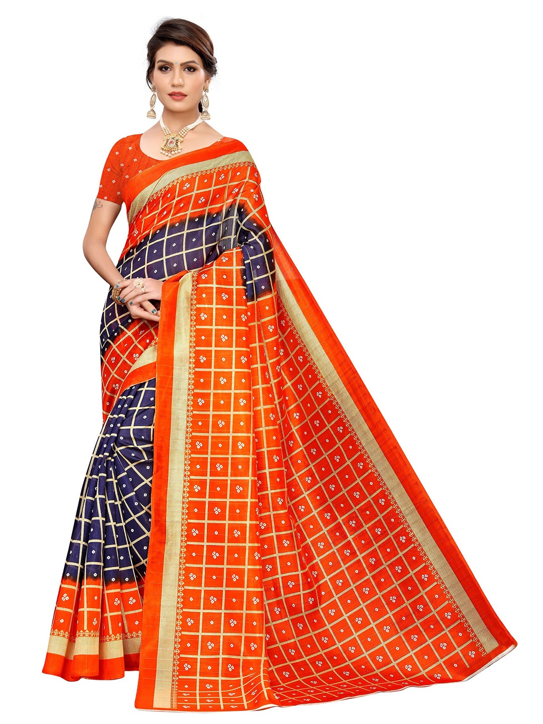 

SAADHVI Purple & Orange Bandhani Art Silk Saree