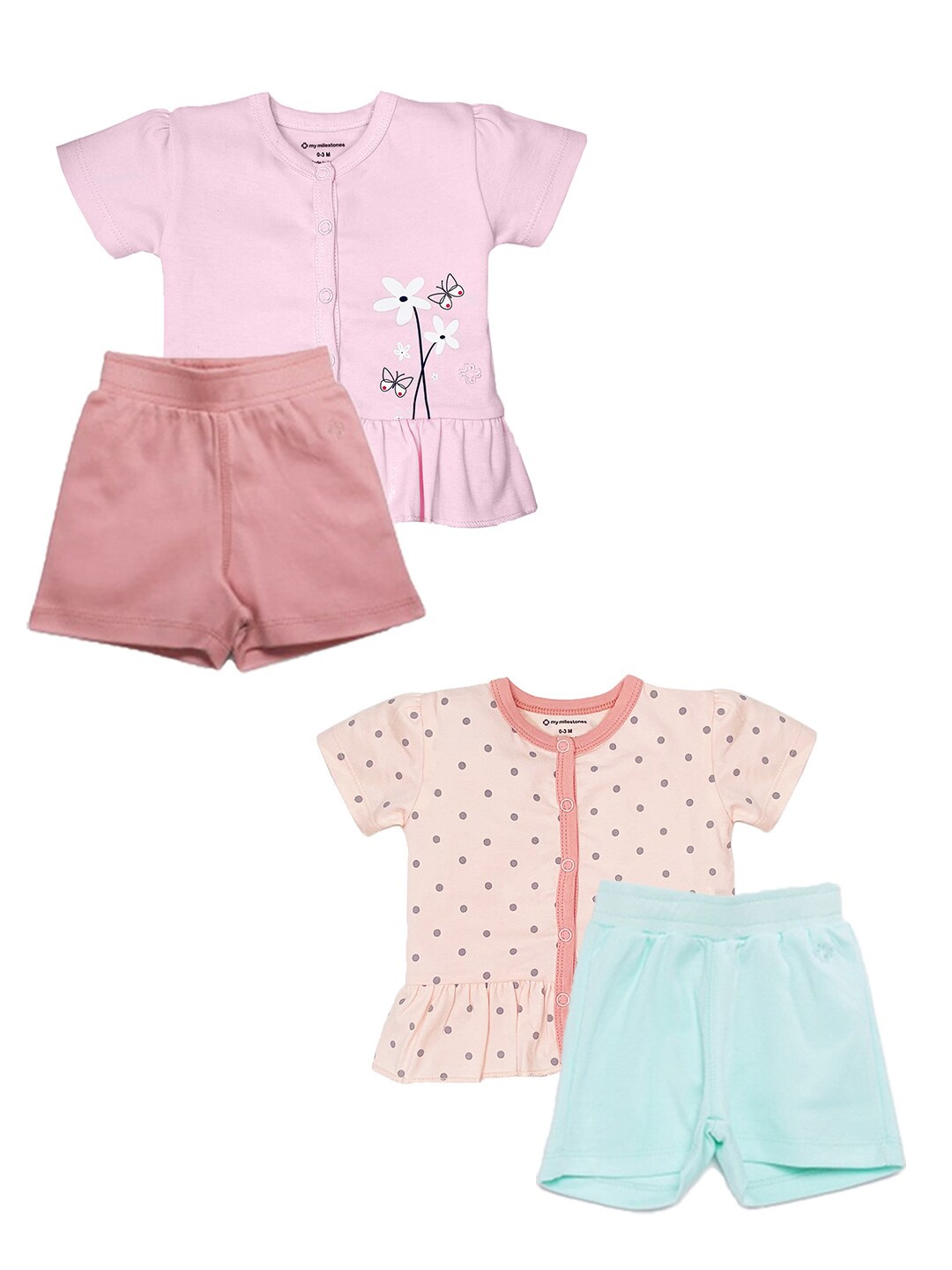 

My Milestones Girls Pack Of 2 Pink & Cream-Coloured Printed T-shirt with Shorts