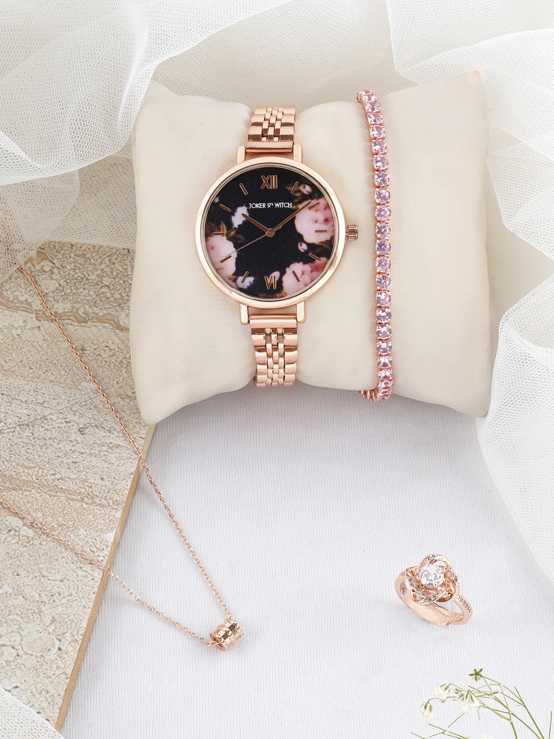 

JOKER & WITCH Women Rose Gold Toned Floral Love Stack Watch Gift Set