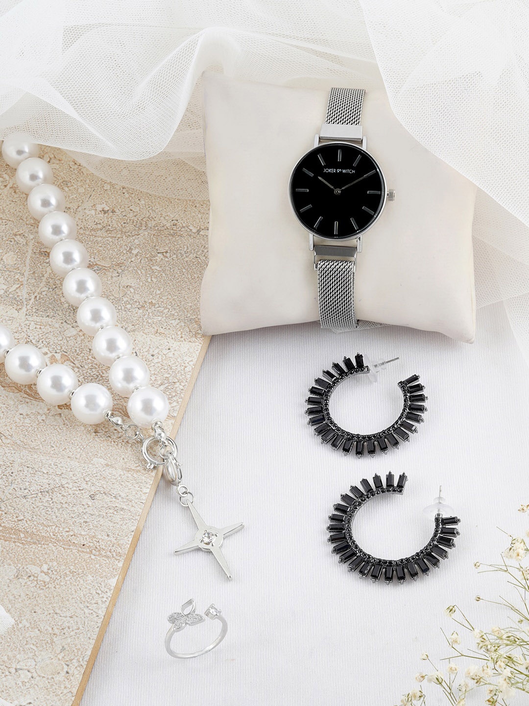 

JOKER & WITCH Women Silver-Toned & White Beaded Watch Gift Set