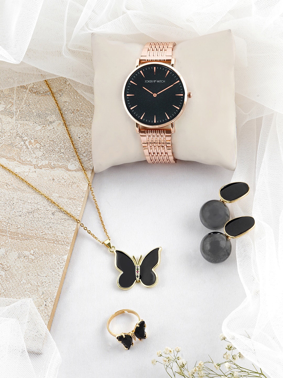 

JOKER & WITCH Rose Gold-Toned & Black Faux Pearl-Beaded Watch Gift Set JWLS419