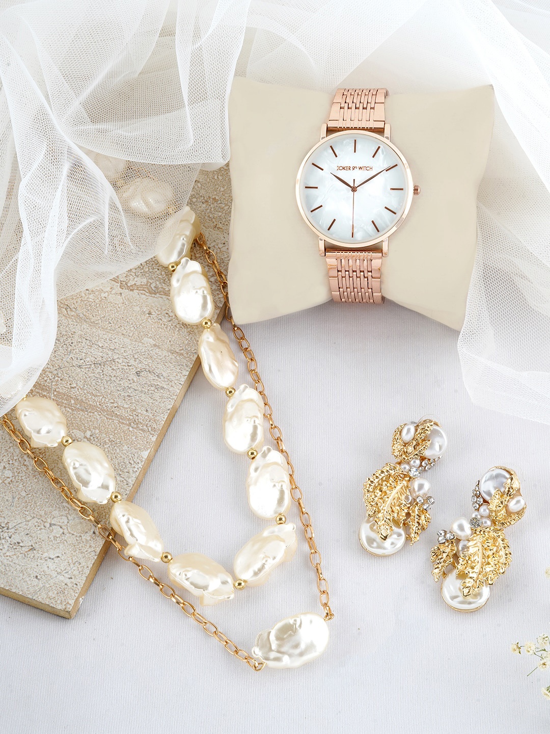 

JOKER & WITCH Rose Gold-Toned & White Pearl Beauty Love Stack Watch Gift Set