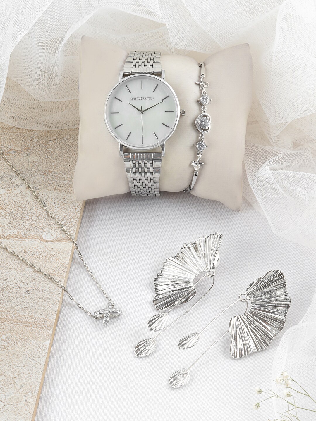 

JOKER & WITCH Women Silver-Toned & White Watch Gift Set JWLS435