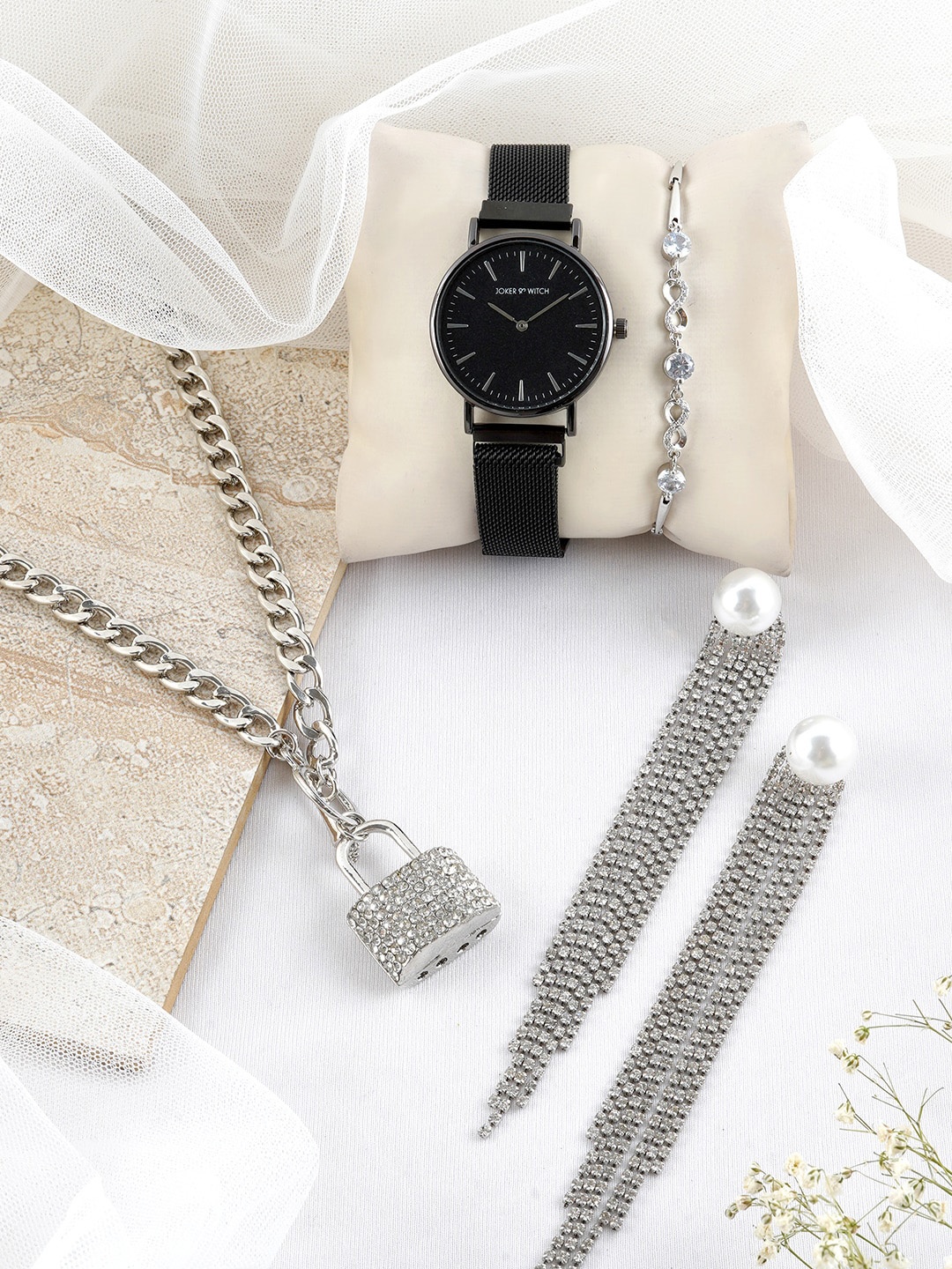 

JOKER & WITCH Silver-Toned & Black Rhinestone-Studded Watch Gift Set JWLS430