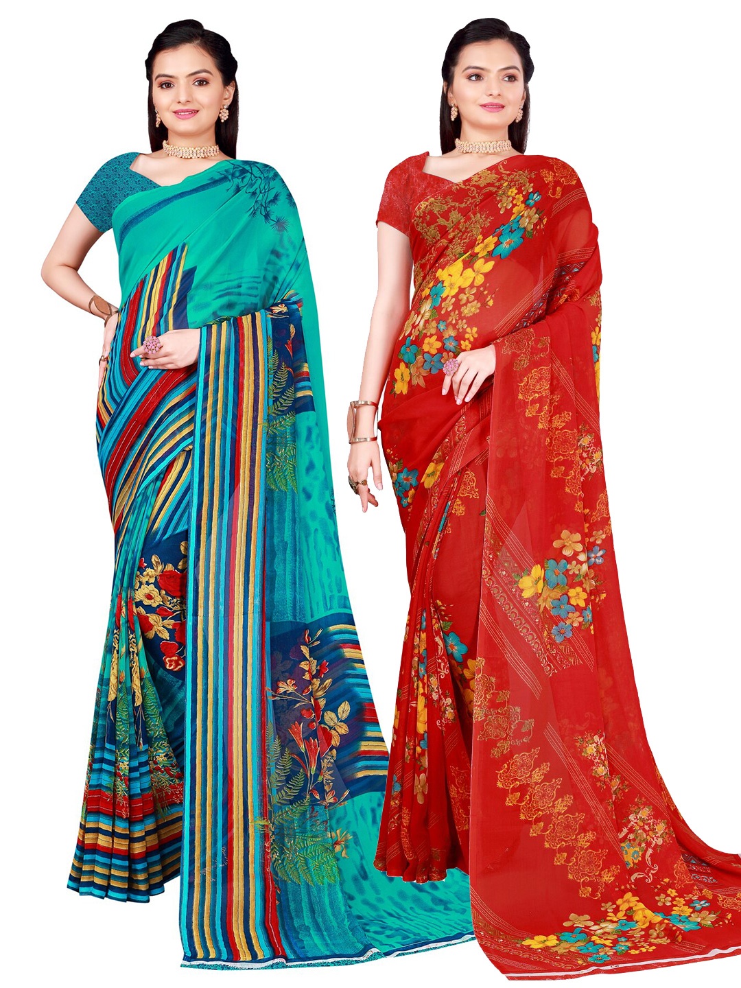

Florence Pack of 2 Red & Teal Blue Printed Pure Georgette Sarees