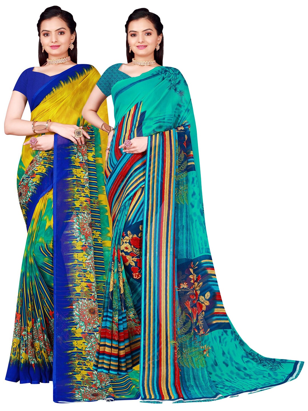 

Florence Pack Of 2 Olive Green & Blue Pure Georgette Sarees