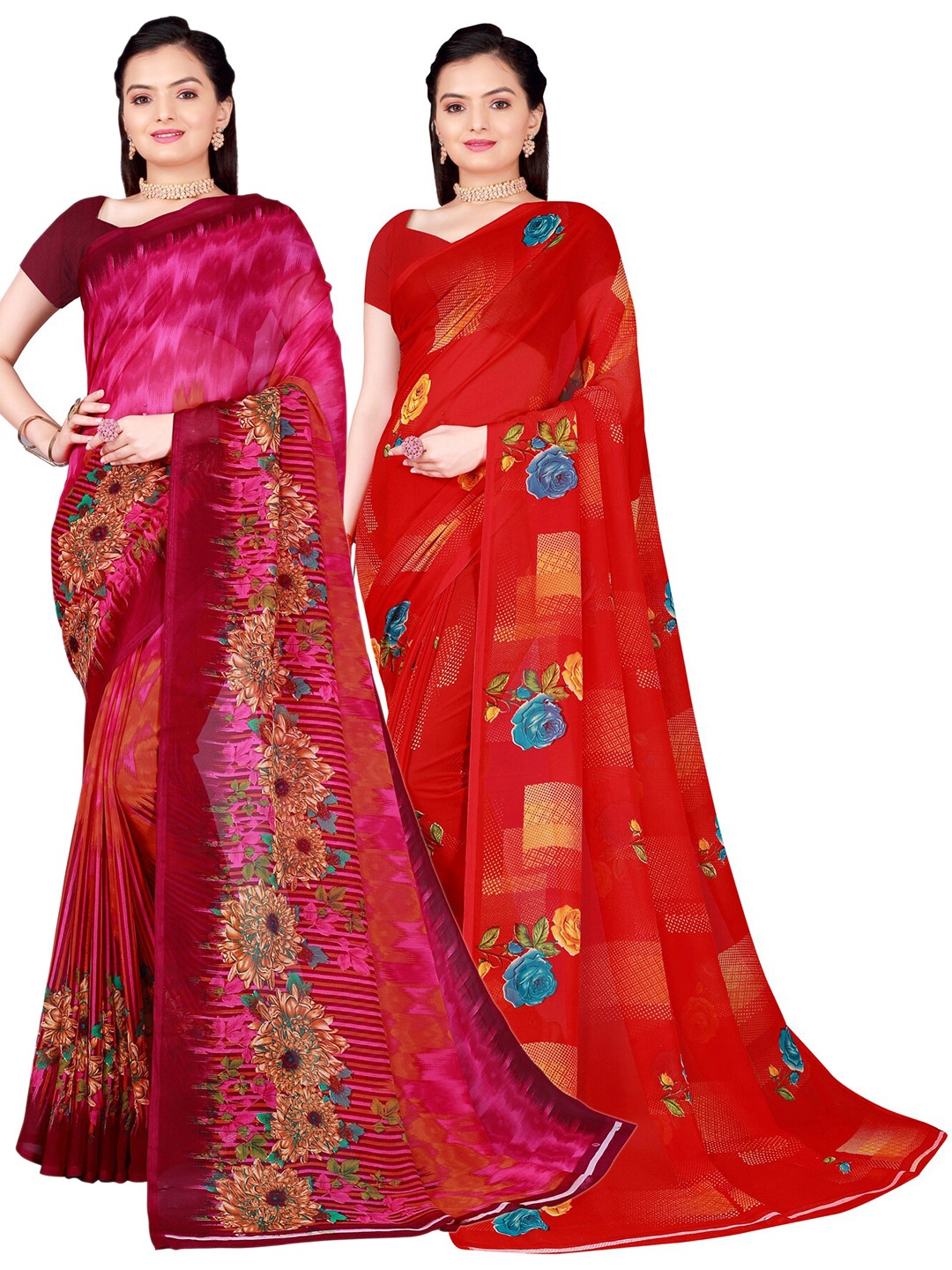 

Florence Pack Of 2 Pink & Red Floral Pure Georgette Saree