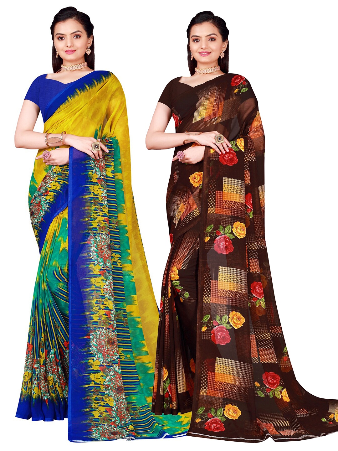 

Florence Yellow & Brown Pure Georgette Saree Pack Of 2