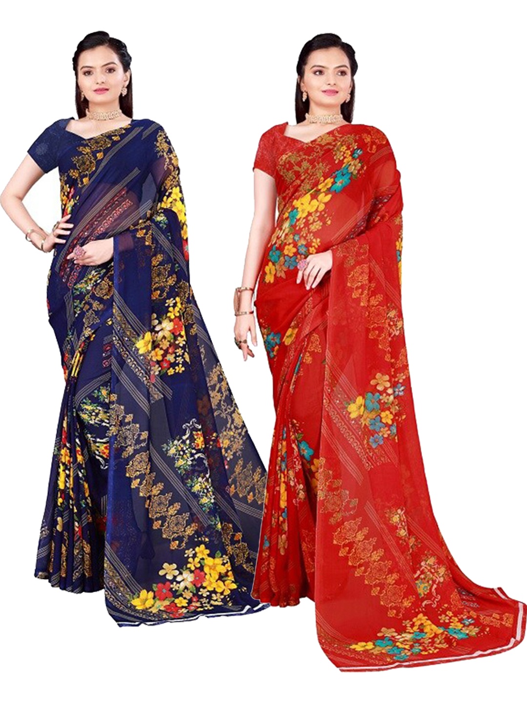 

Florence Pack Of 2 Red & Navy Blue Floral Pure Georgette Sarees