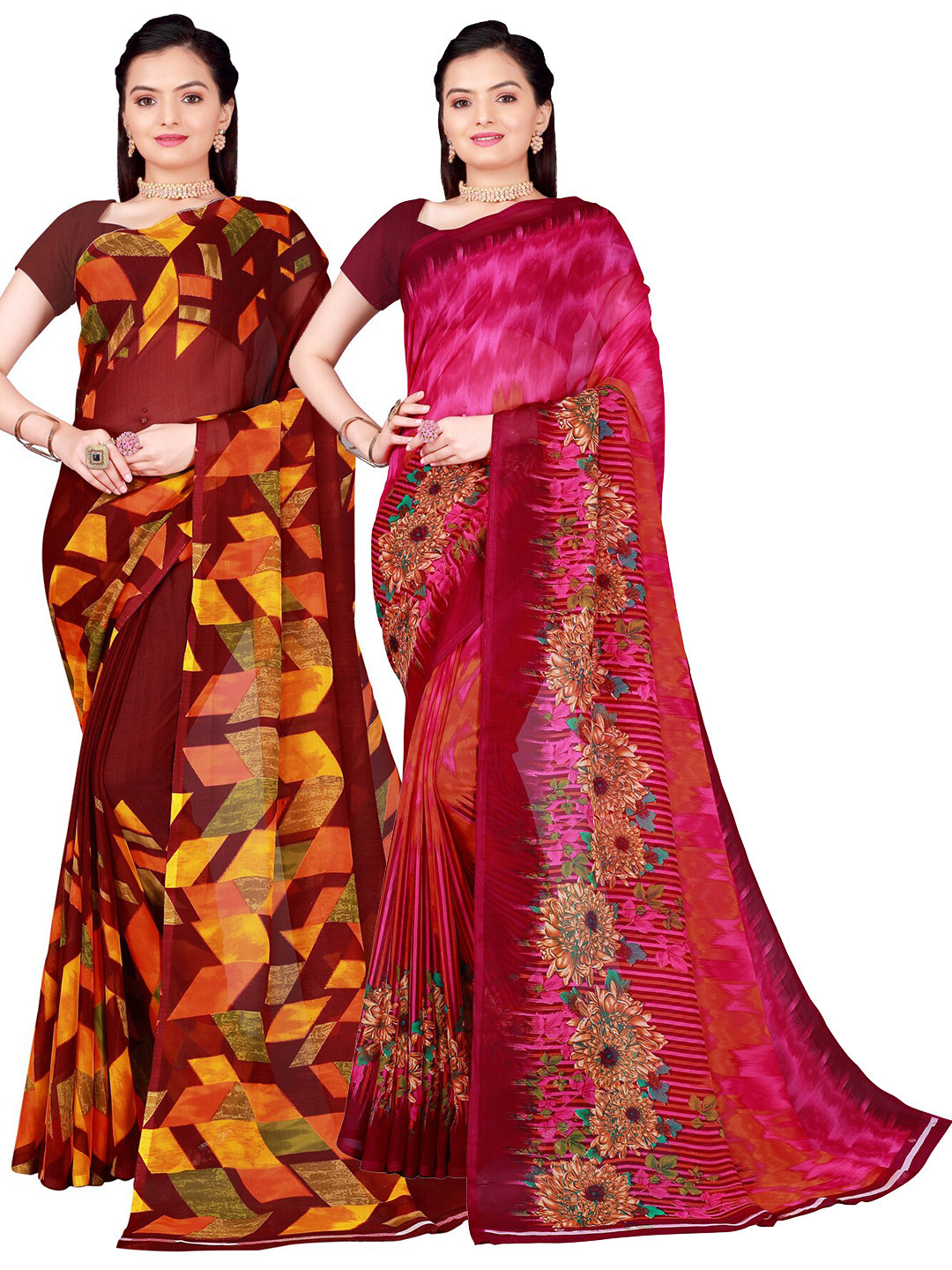 

Florence Pack Of 2 Pink & Brown Pure Georgette Saree