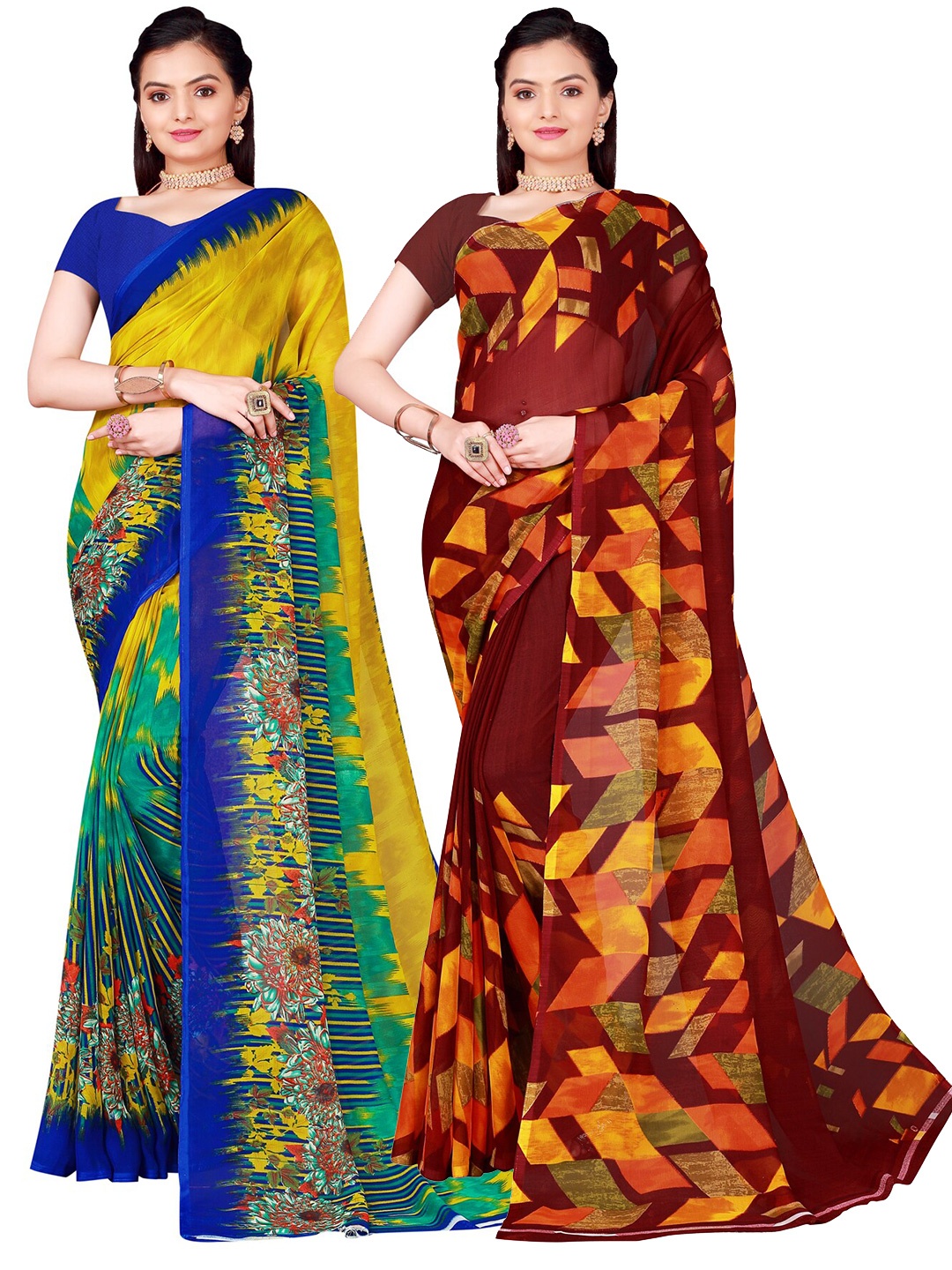 

Florence Pack of 2 Printed Pure Georgette Sarees, Lime green