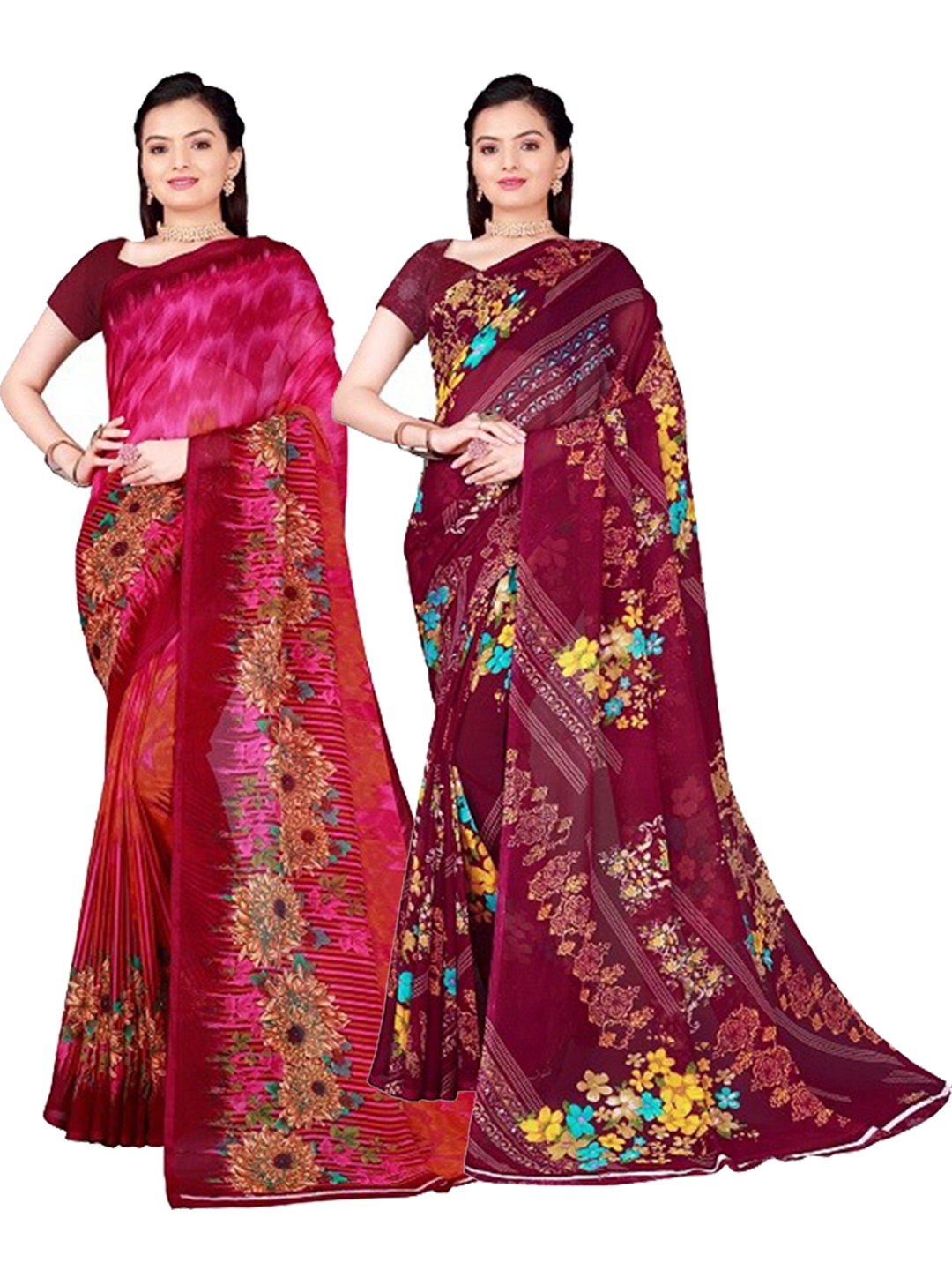 

Florence Pink & Maroon Floral Pure Georgette Saree Pack Of 2