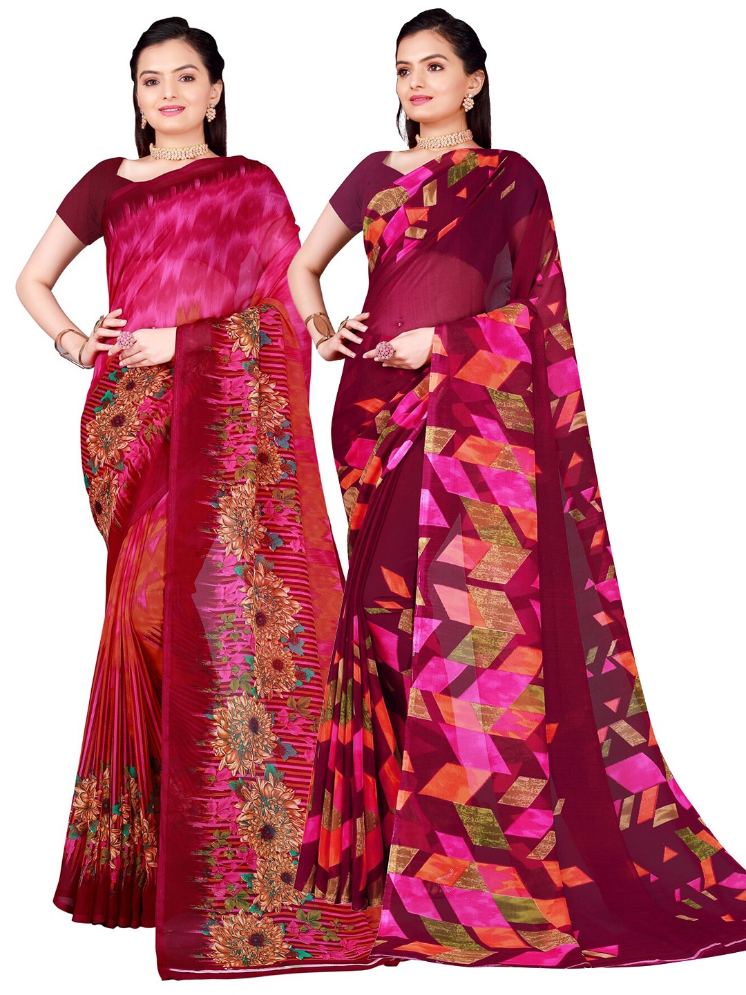 

Florence Pack of 2 Pink & Purple Floral Pure Georgette Sarees