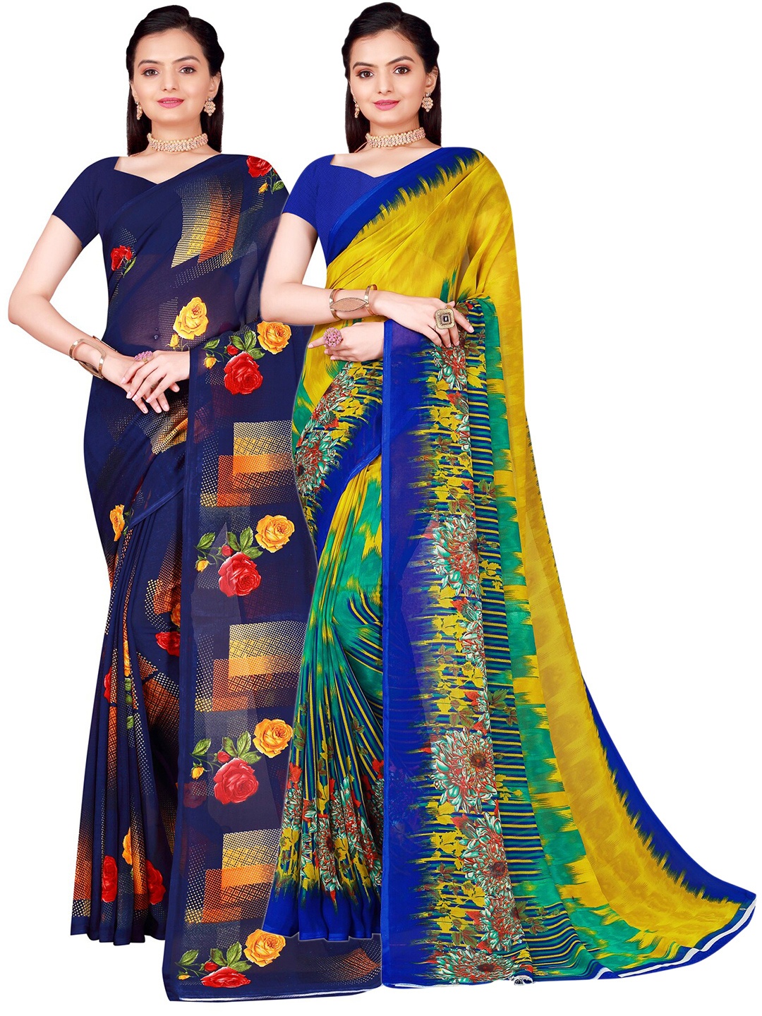 

Florence Pack of 2 Printed Pure Georgette Sarees, Lime green