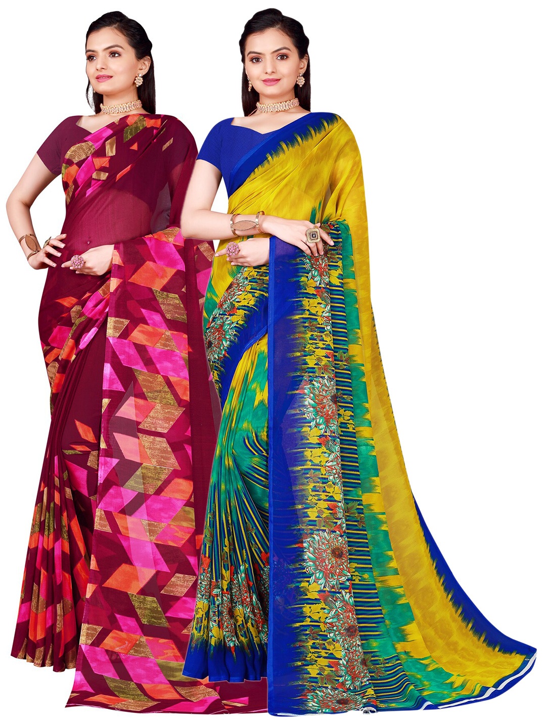 

Florence Pack Of 2 Olive Green & Maroon Pure Georgette Saree