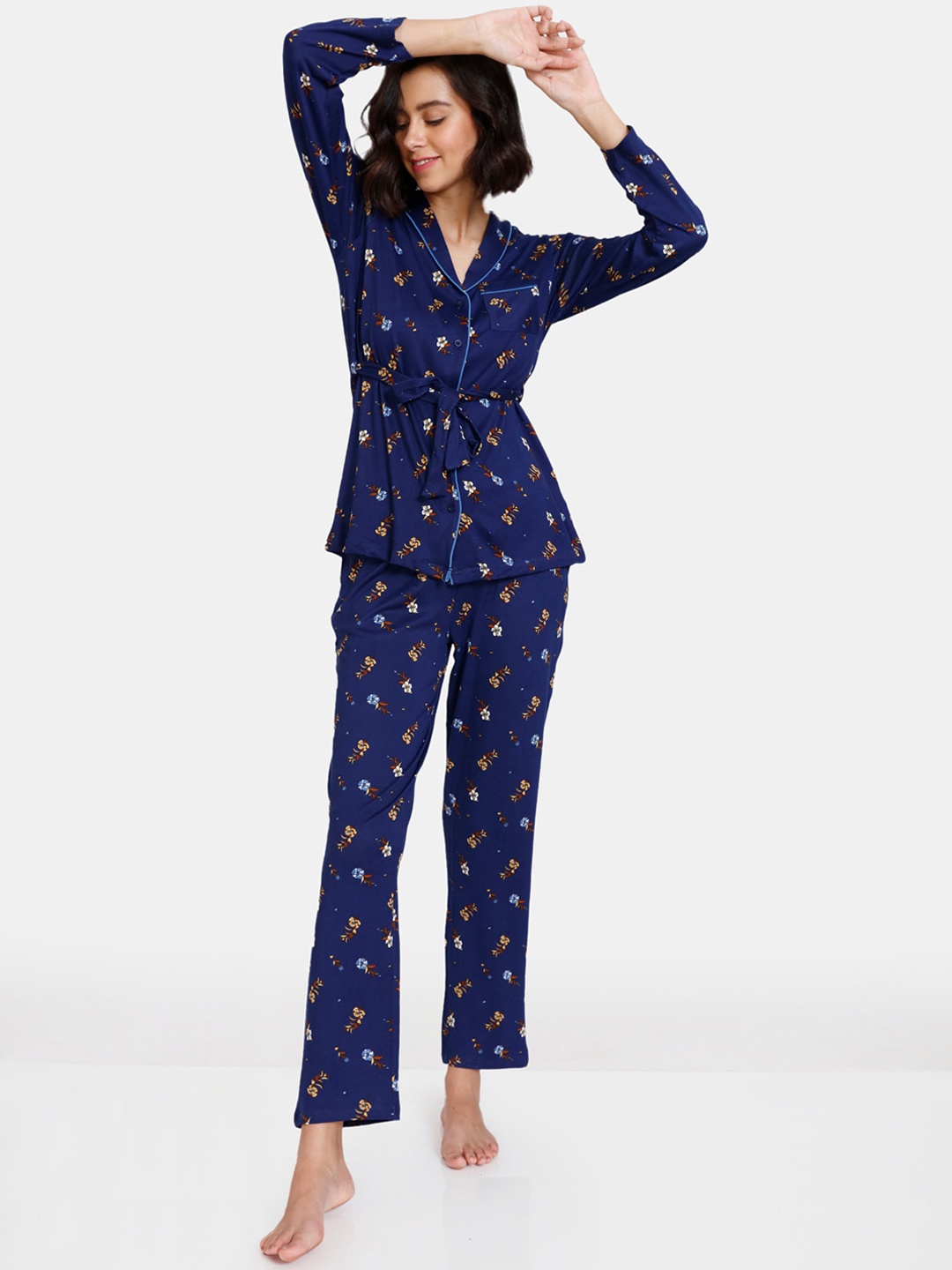 

Zivame Women Blue & Brown Floral Printed Night Suit