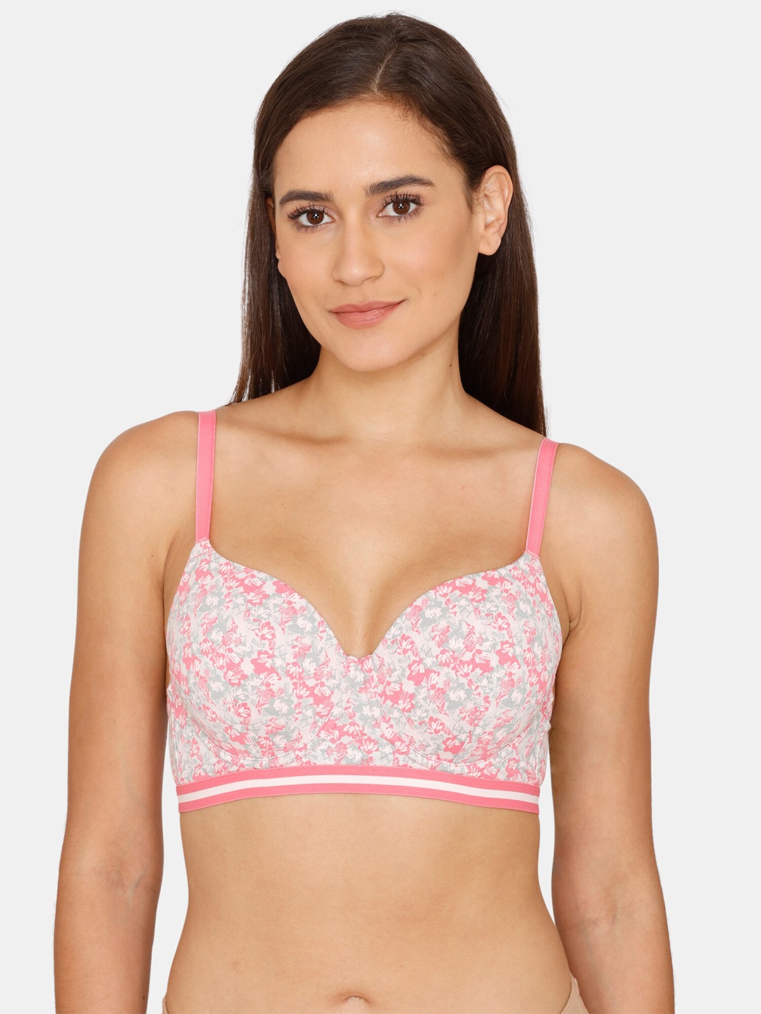 

Zivame Pink & Grey Floral Bra - Underwired Lightly Padded