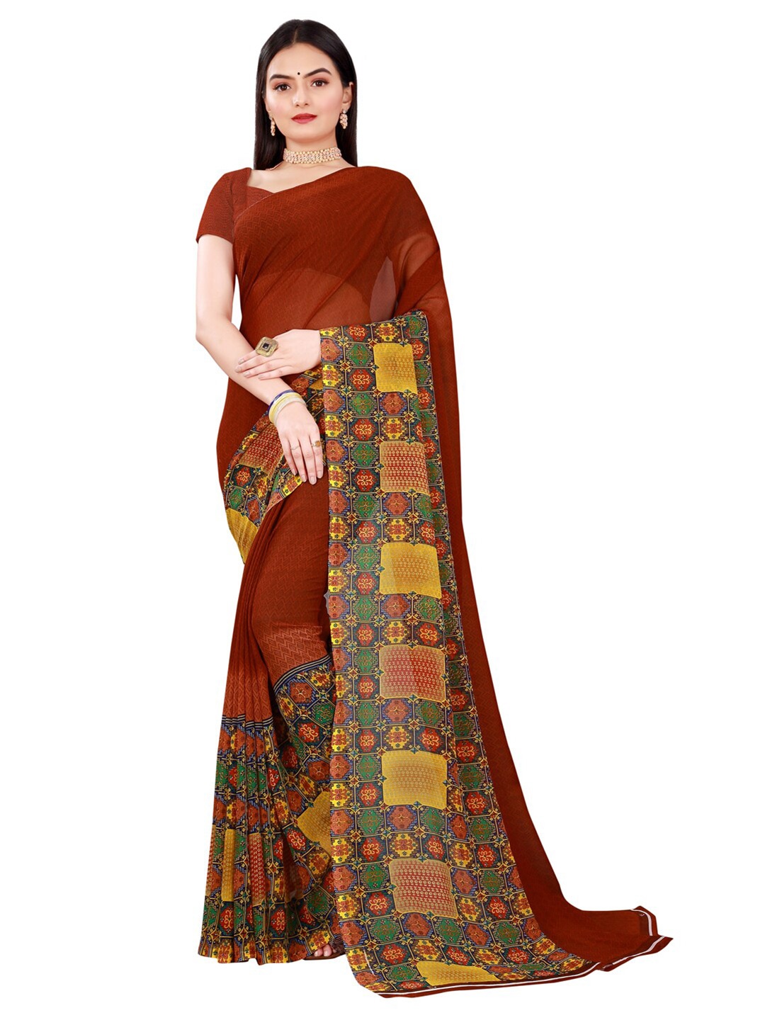 

SAADHVI Brown & Mustard Ethnic Motifs Pure Georgette Saree