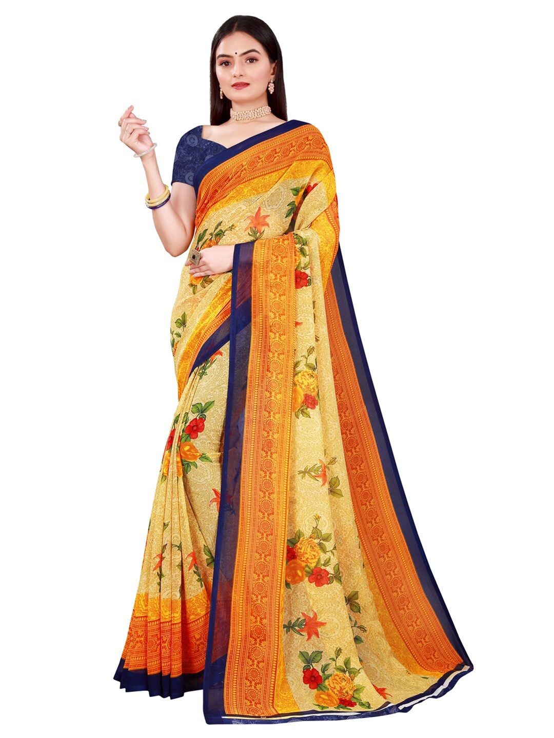 

SAADHVI Beige & Navy Blue Floral Pure Georgette Saree