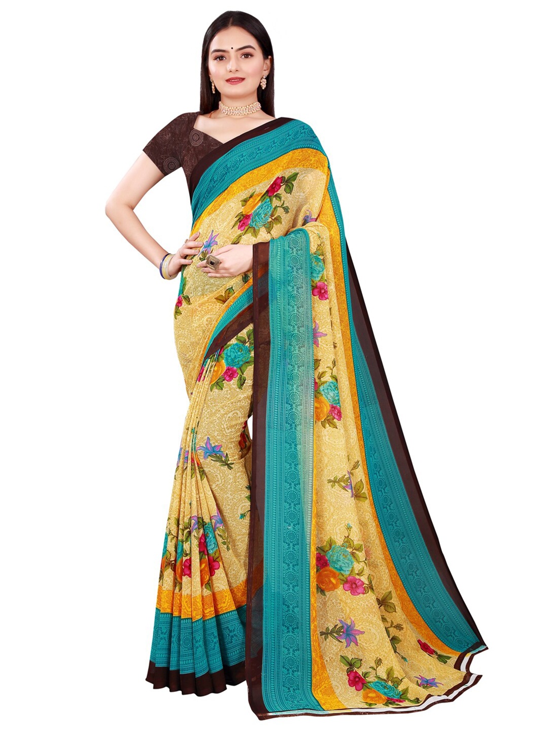 

SAADHVI Beige & Turquoise Blue Floral Printed Pure Georgette Saree