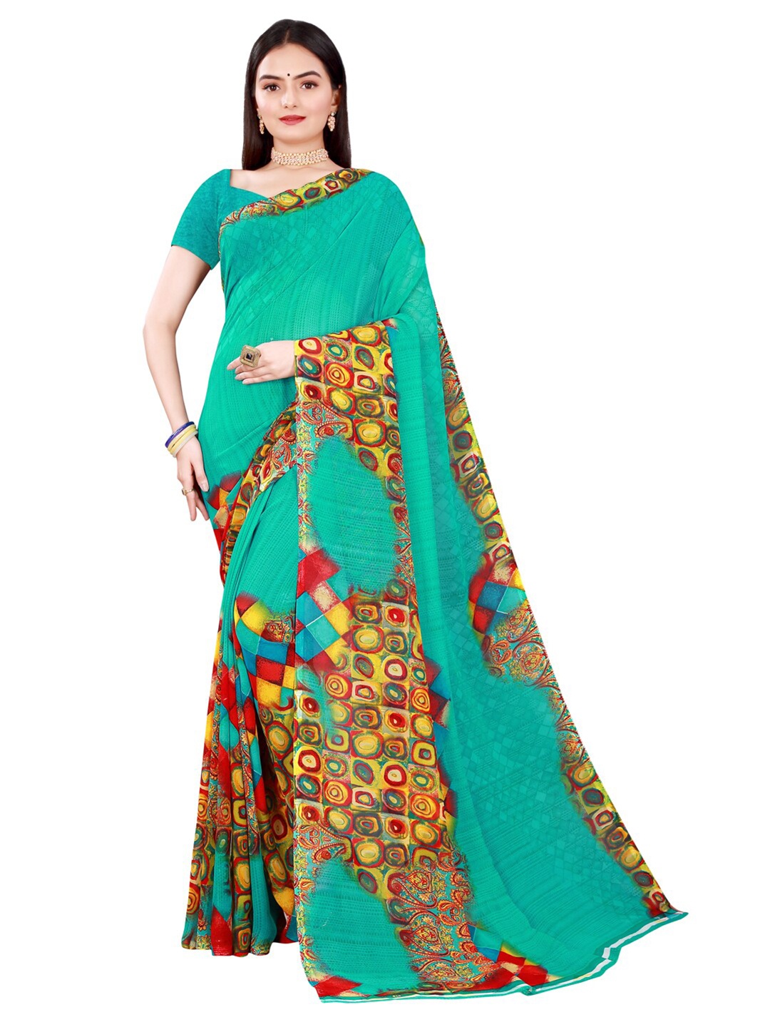 

SAADHVI Turquoise Blue & Yellow Pure Georgette Saree