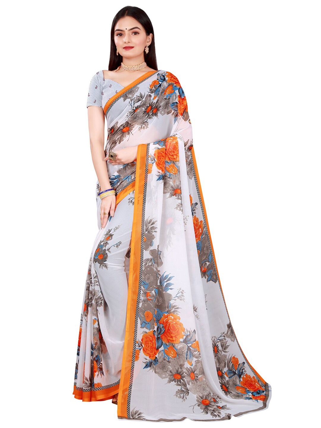 

SAADHVI White & Orange Floral Pure Georgette Saree