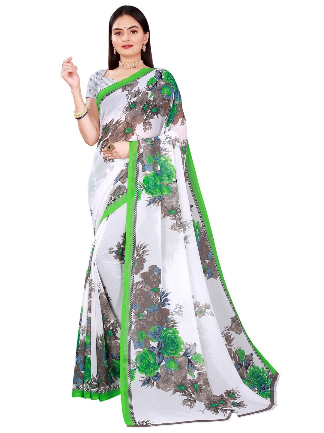 

SAADHVI White & Green Floral Pure Georgette Saree