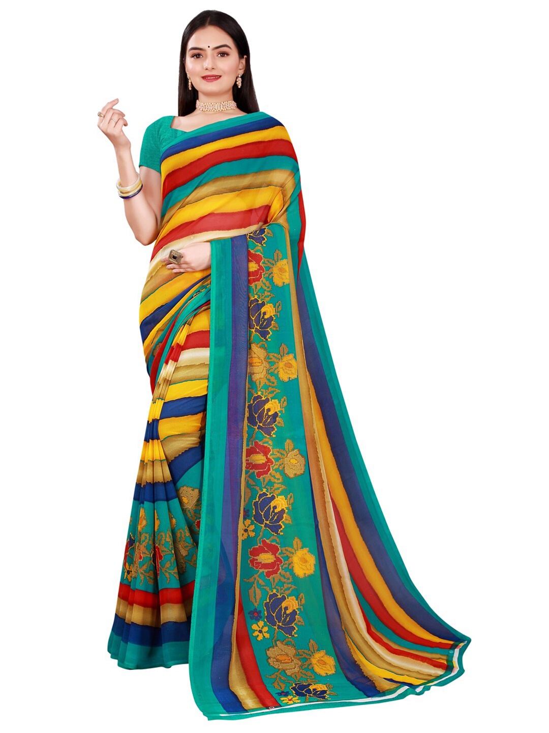 

SAADHVI Yellow & Green Striped Pure Georgette Saree