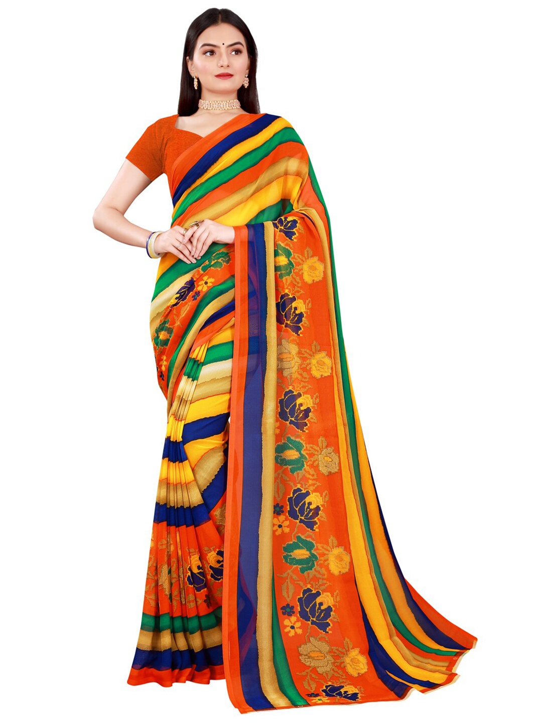 

SAADHVI Orange & Navy Blue Striped Pure Georgette Saree