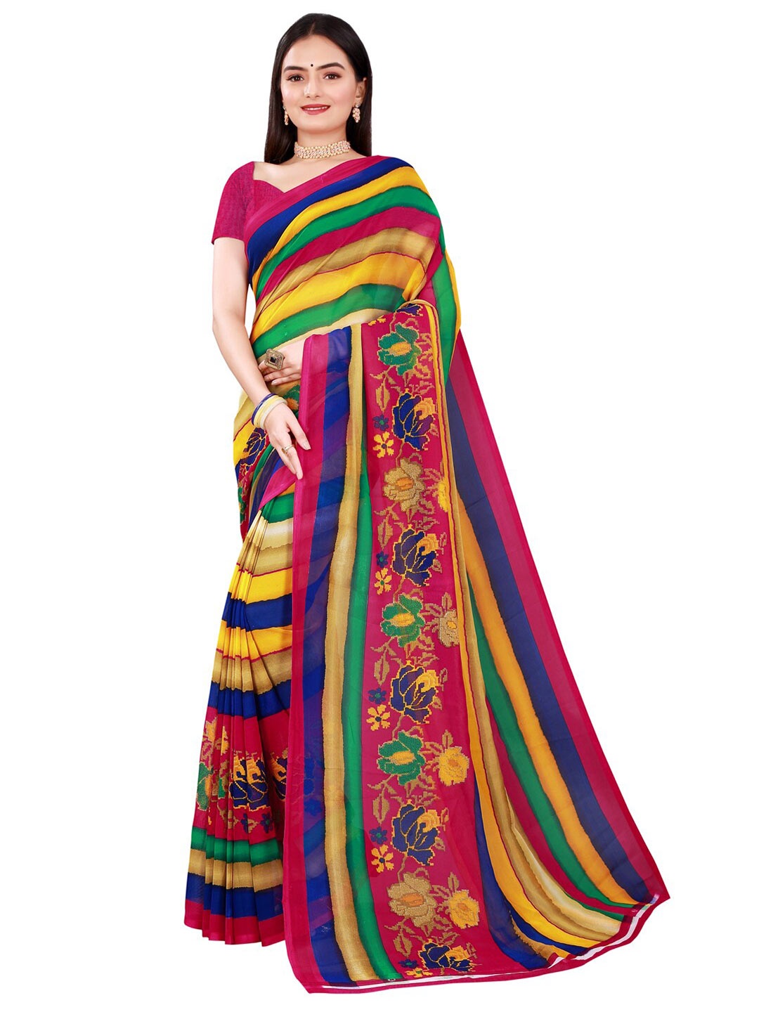 

SAADHVI Multicoloured Striped Pure Georgette Saree, Multi