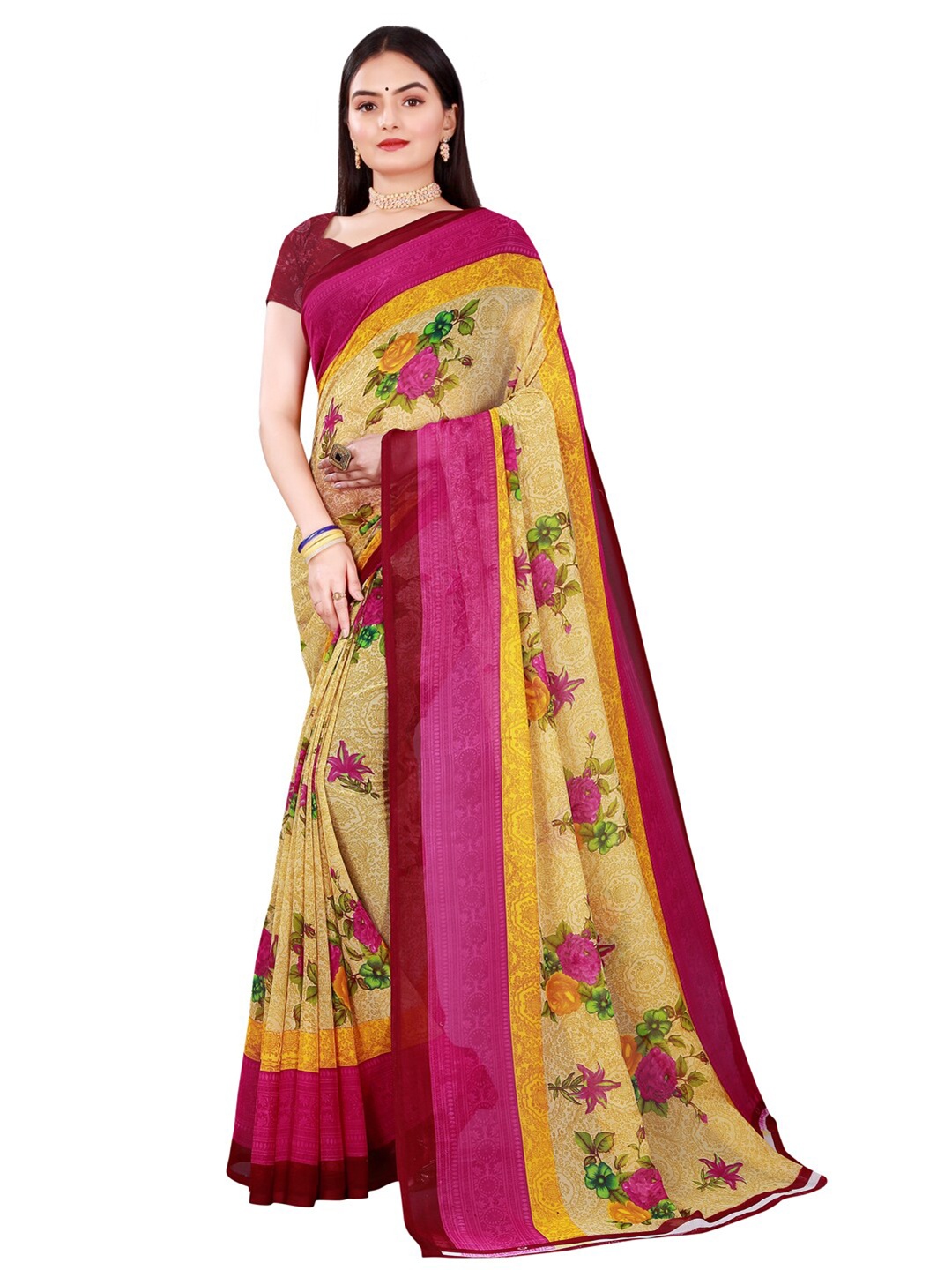 

SAADHVI Beige & Pink Floral Printed Pure Georgette Saree