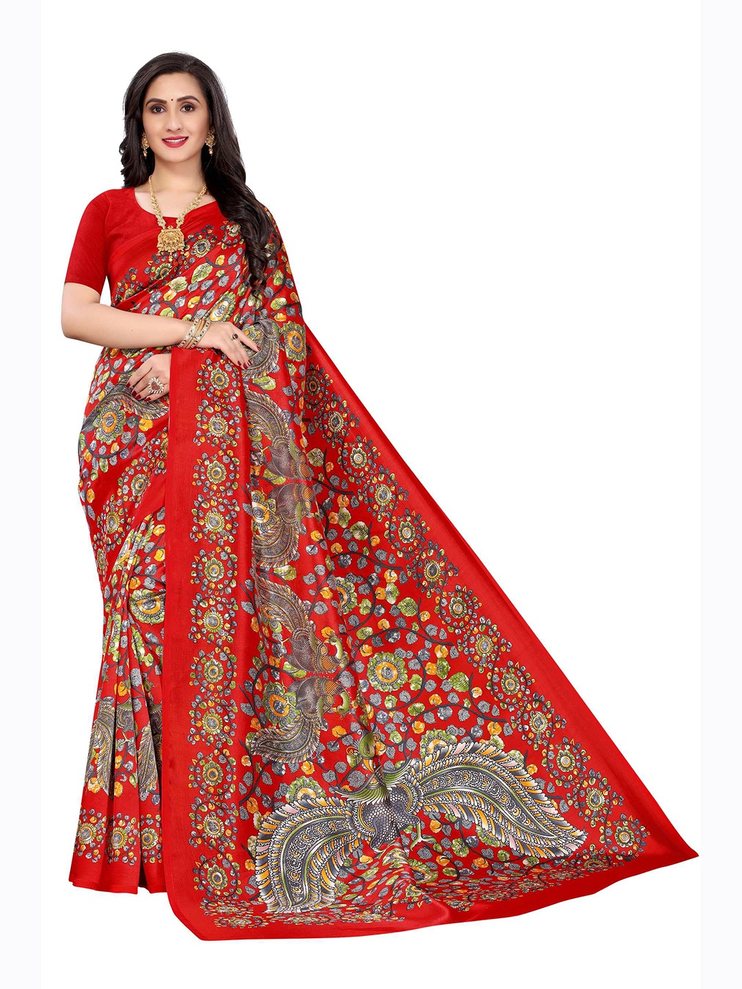 

AADVIKA Red & Yellow Floral Art Silk Mysore Silk Saree