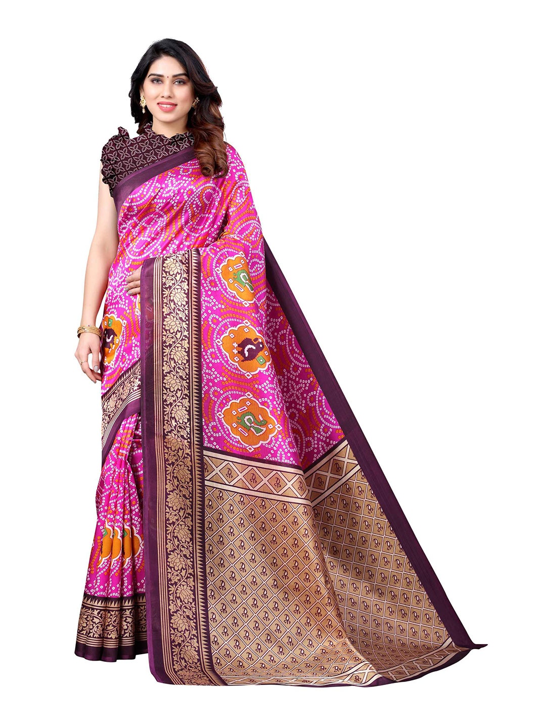 

AADVIKA Pink & Purple Ethnic Motifs Art Silk Mysore Silk Saree