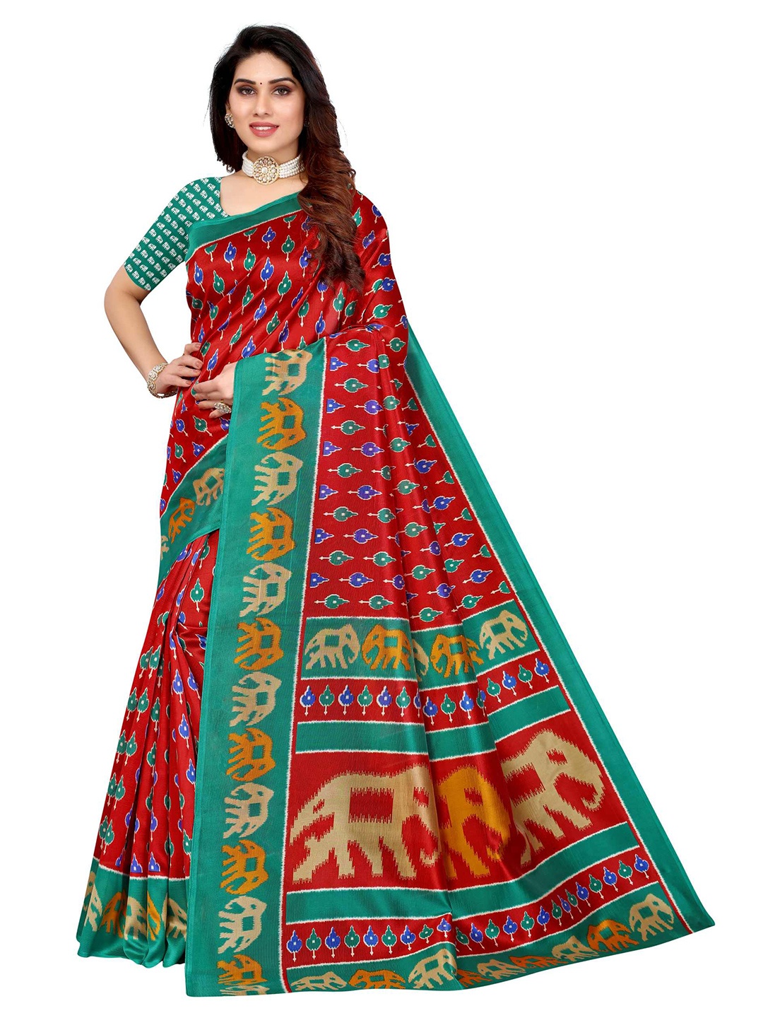 

AADVIKA Maroon & Green Ethnic Motifs Art Silk Mysore Silk Saree