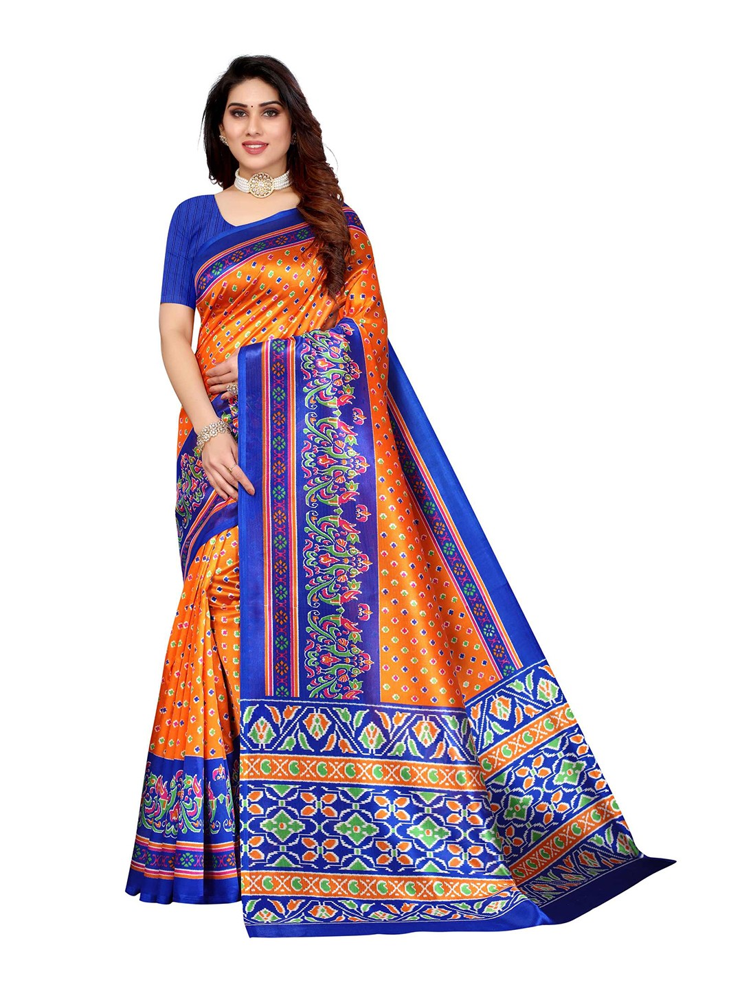 

AADVIKA Orange & Blue Floral Art Silk Ready to Wear Mysore Silk Saree