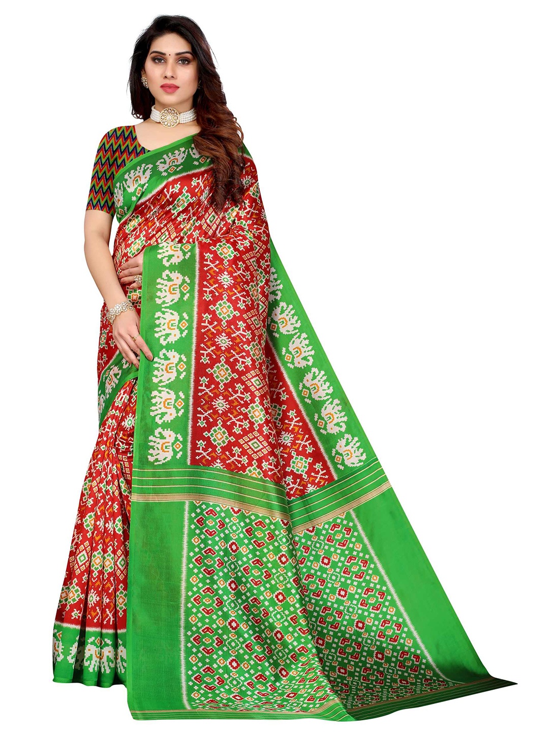 

AADVIKA Red & Green Ethnic Motifs Art Silk Ready to Wear Mysore Silk Saree