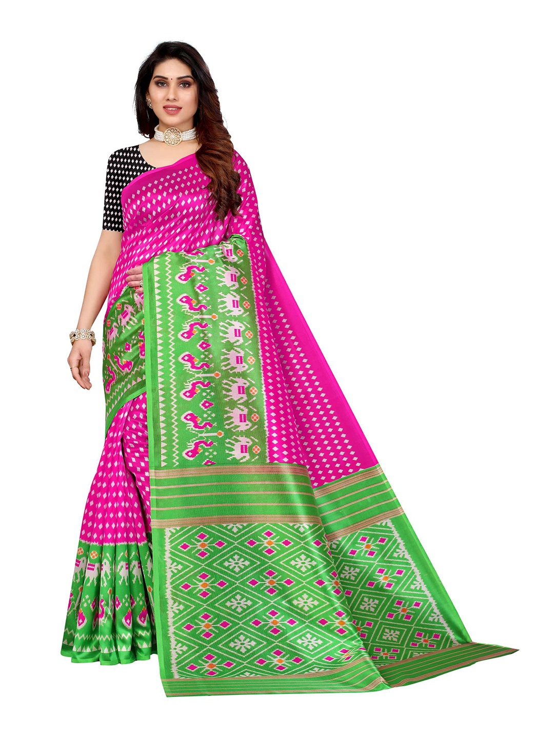 

AADVIKA Pink & Green Floral Art Silk Mysore Silk Saree