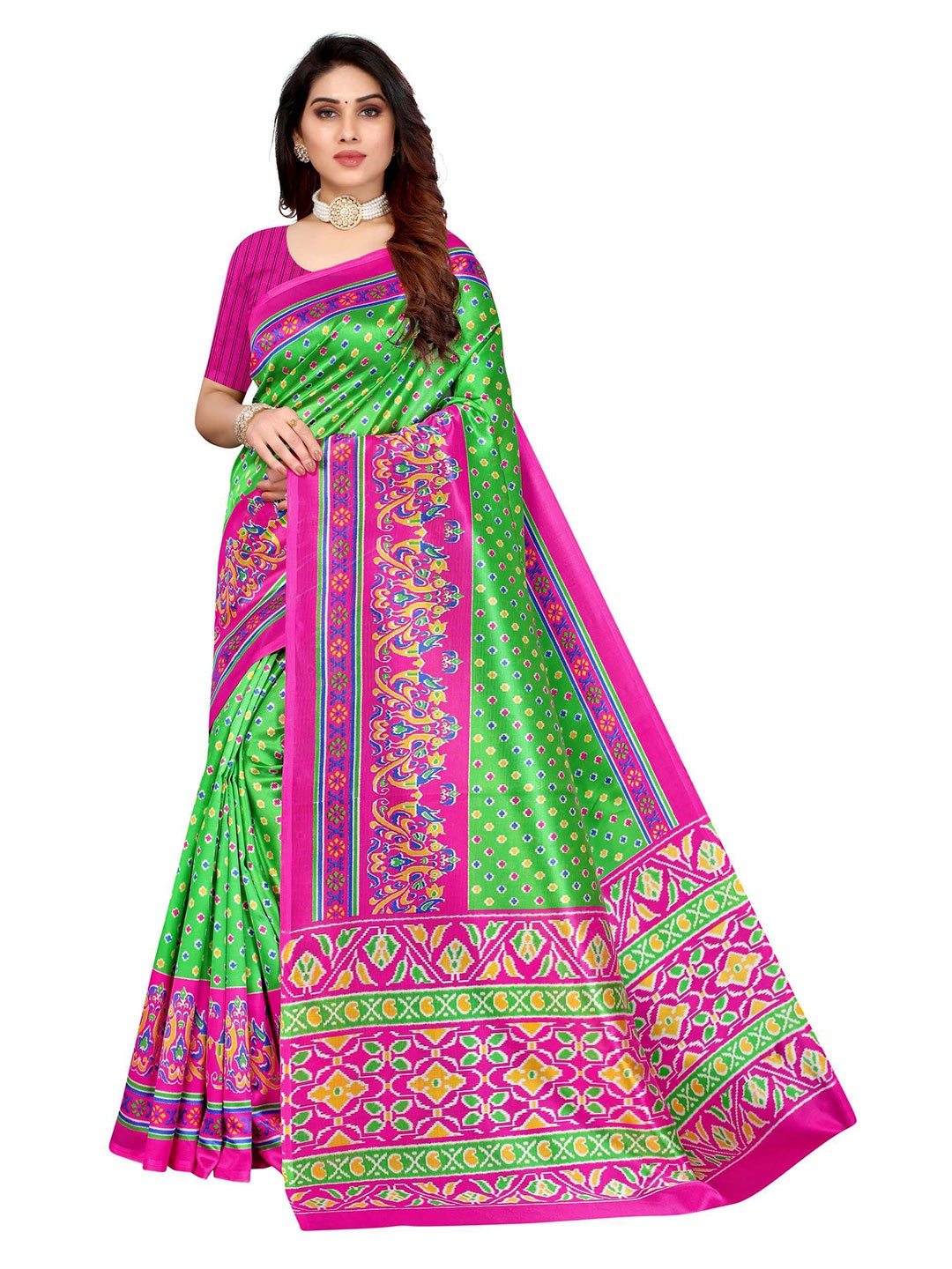 

AADVIKA Green & Pink Ethnic Motifs Art Silk Mysore Silk Saree