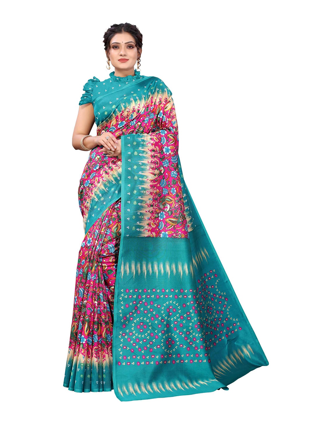 

AADVIKA Pink & Blue Floral Art Silk Mysore Silk Saree