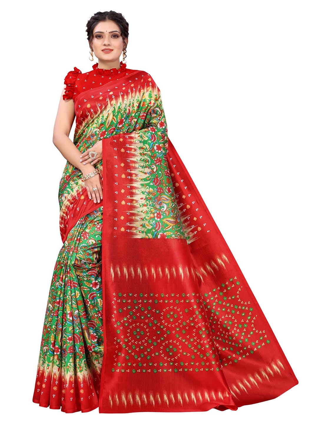 

AADVIKA Green & Red Floral Art Silk Mysore Silk Saree