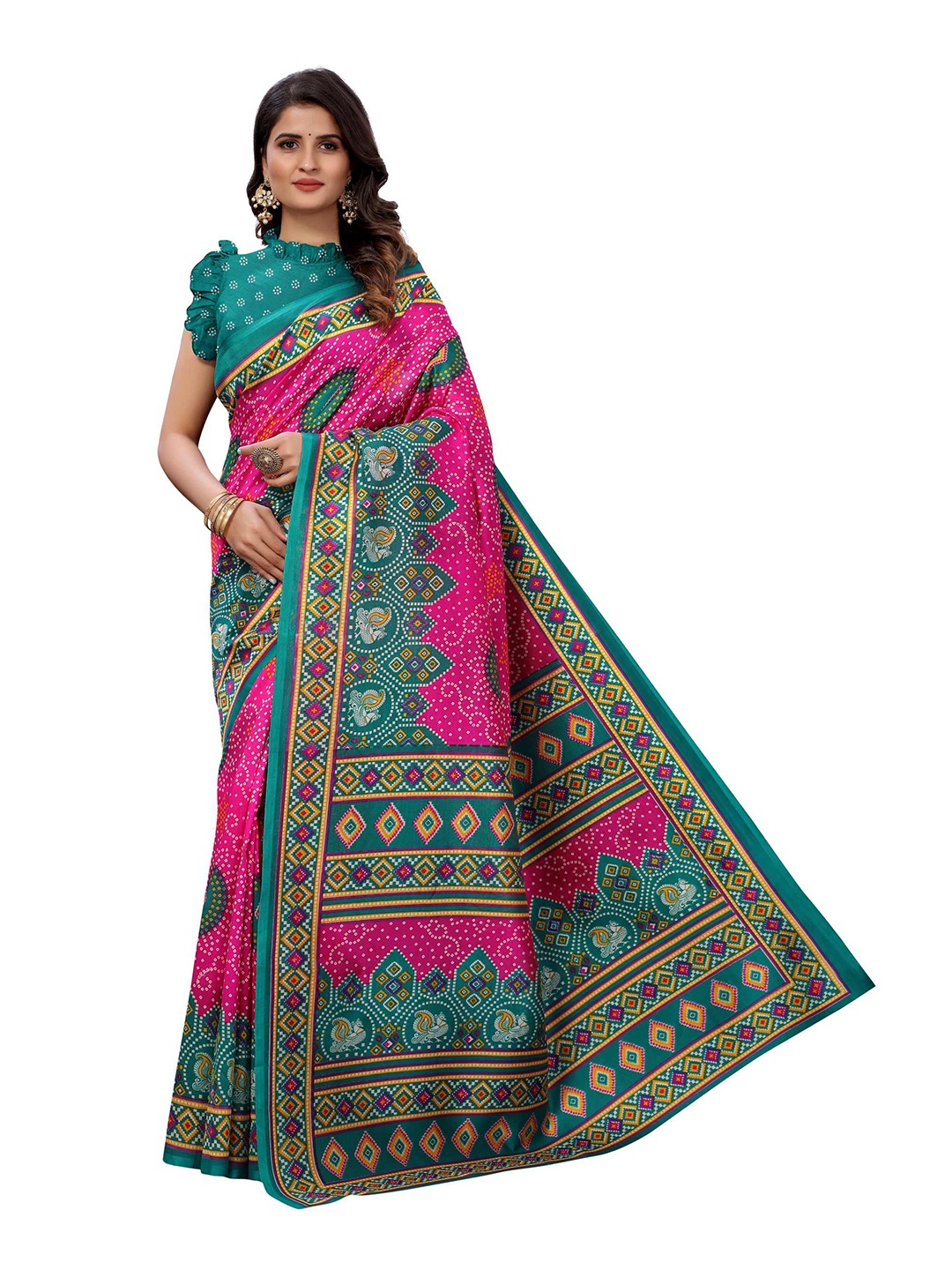 

AADVIKA Pink & Teal Blue Bandhani Art Silk Mysore Silk Saree