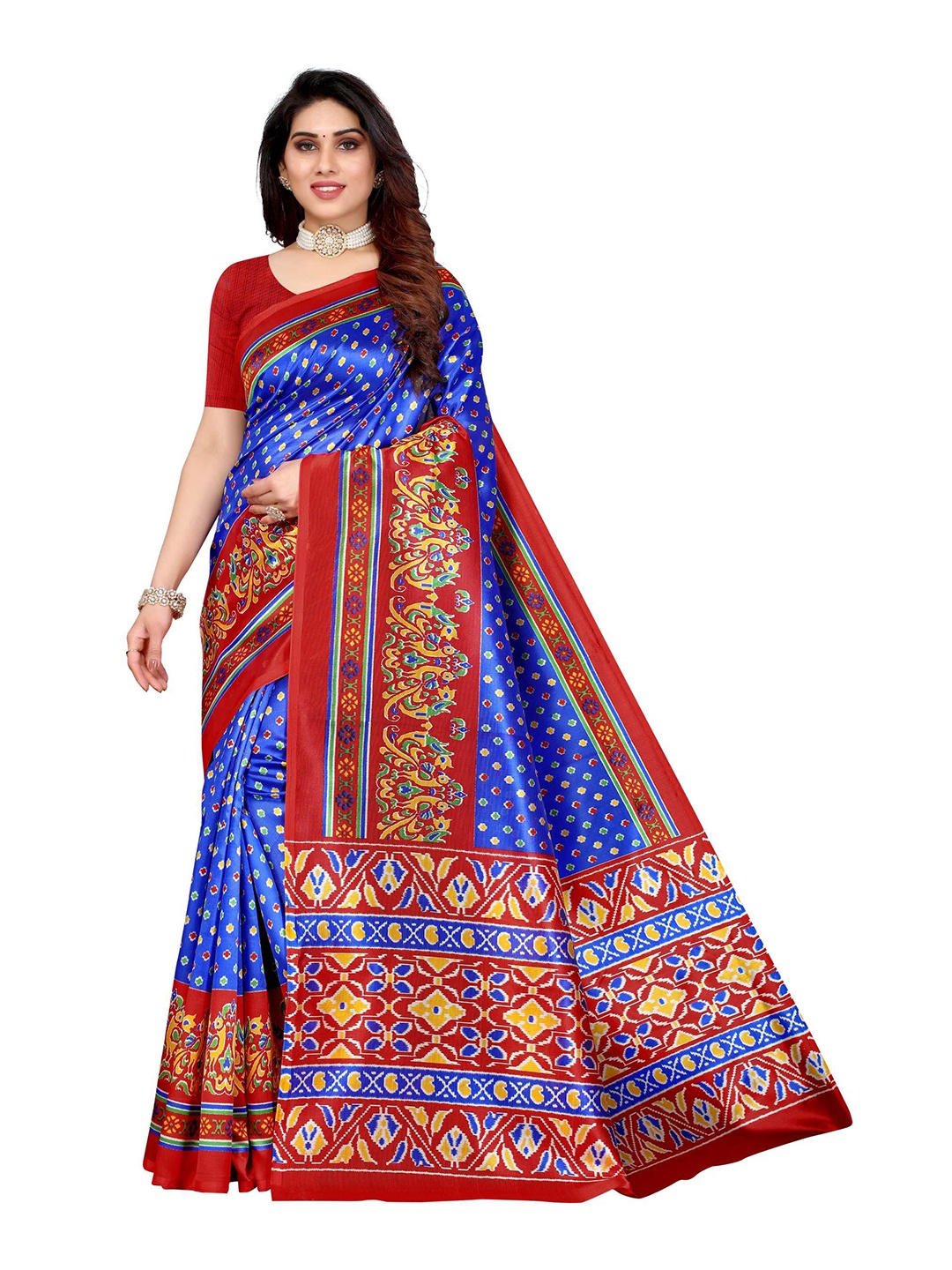 

AADVIKA Blue & Red Ethnic Motifs Art Silk Ready to Wear Mysore Silk Saree