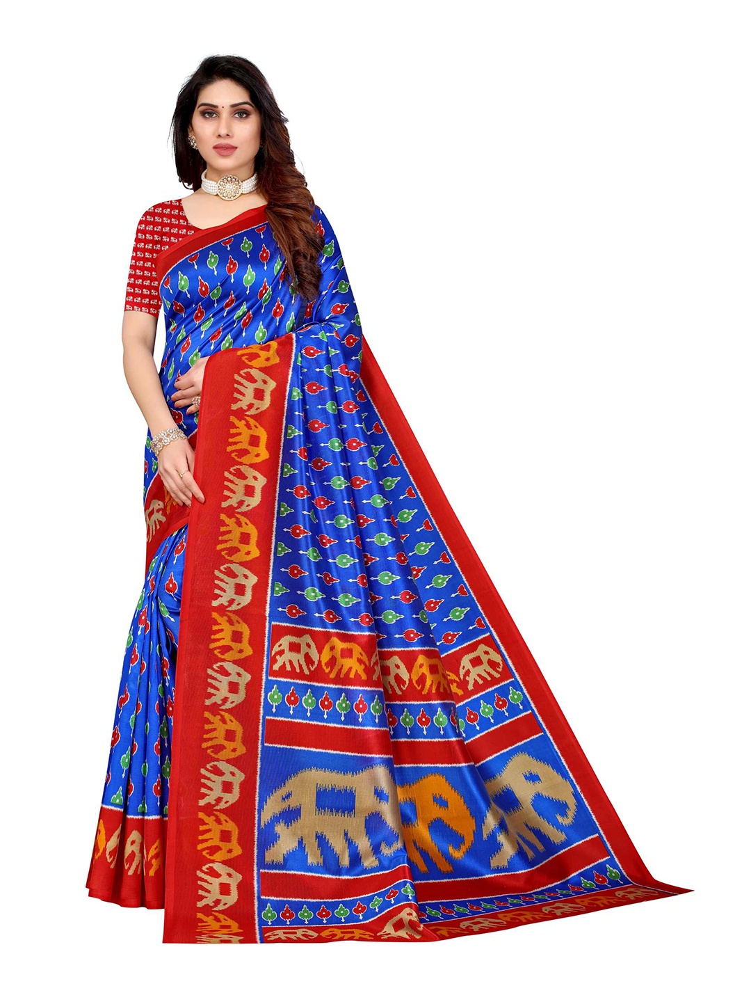 

AADVIKA Blue & Red Ethnic Motifs Art Silk Mysore Silk Saree
