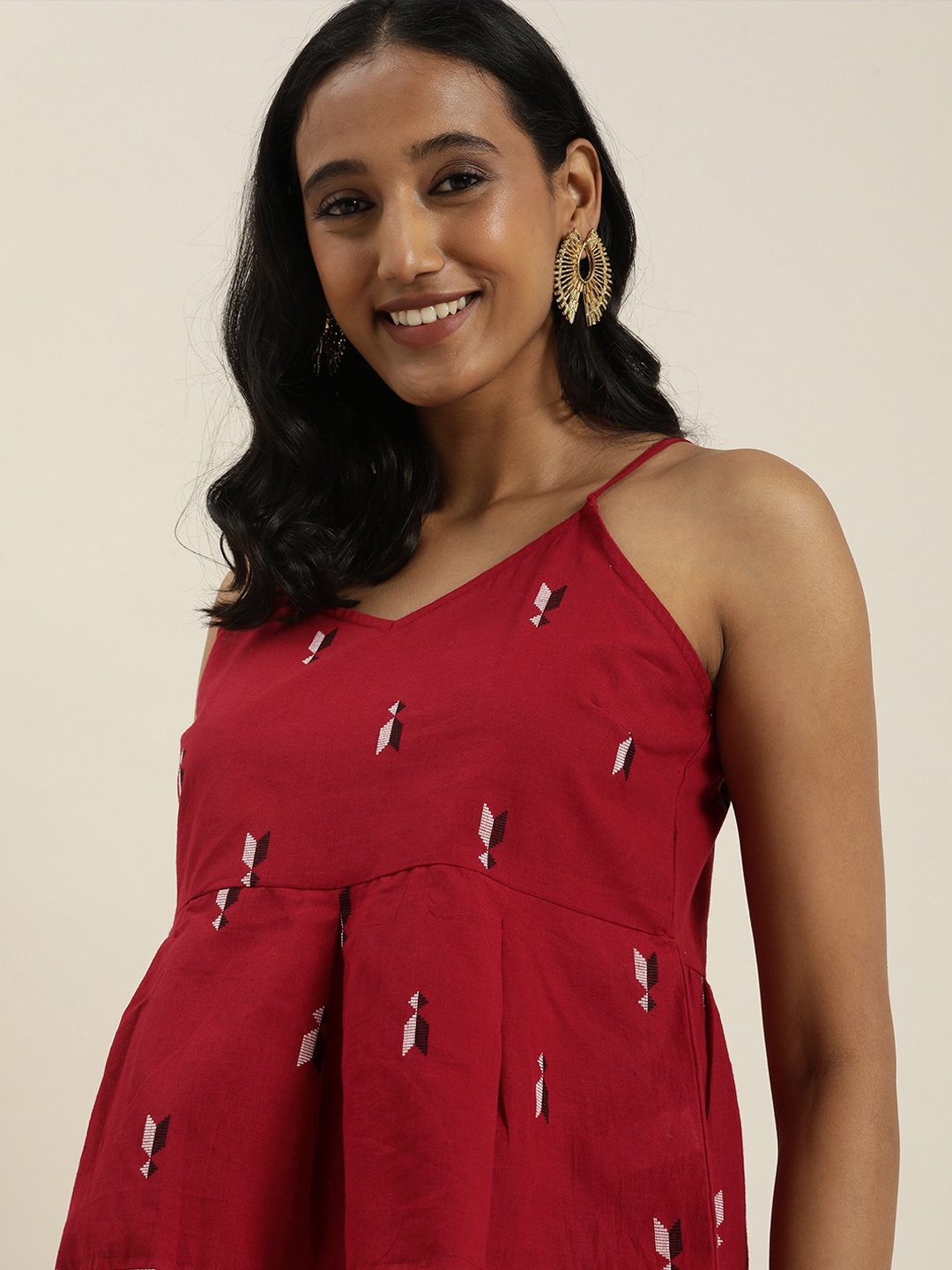 

Taavi Dark Red Embroidered Pure Cotton Peplum Top