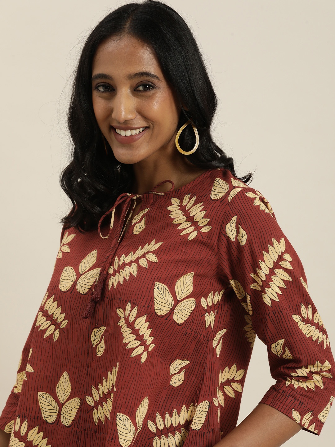 

Taavi Maroon & Beige Hand Block Floral Printed Pure Cotton Top