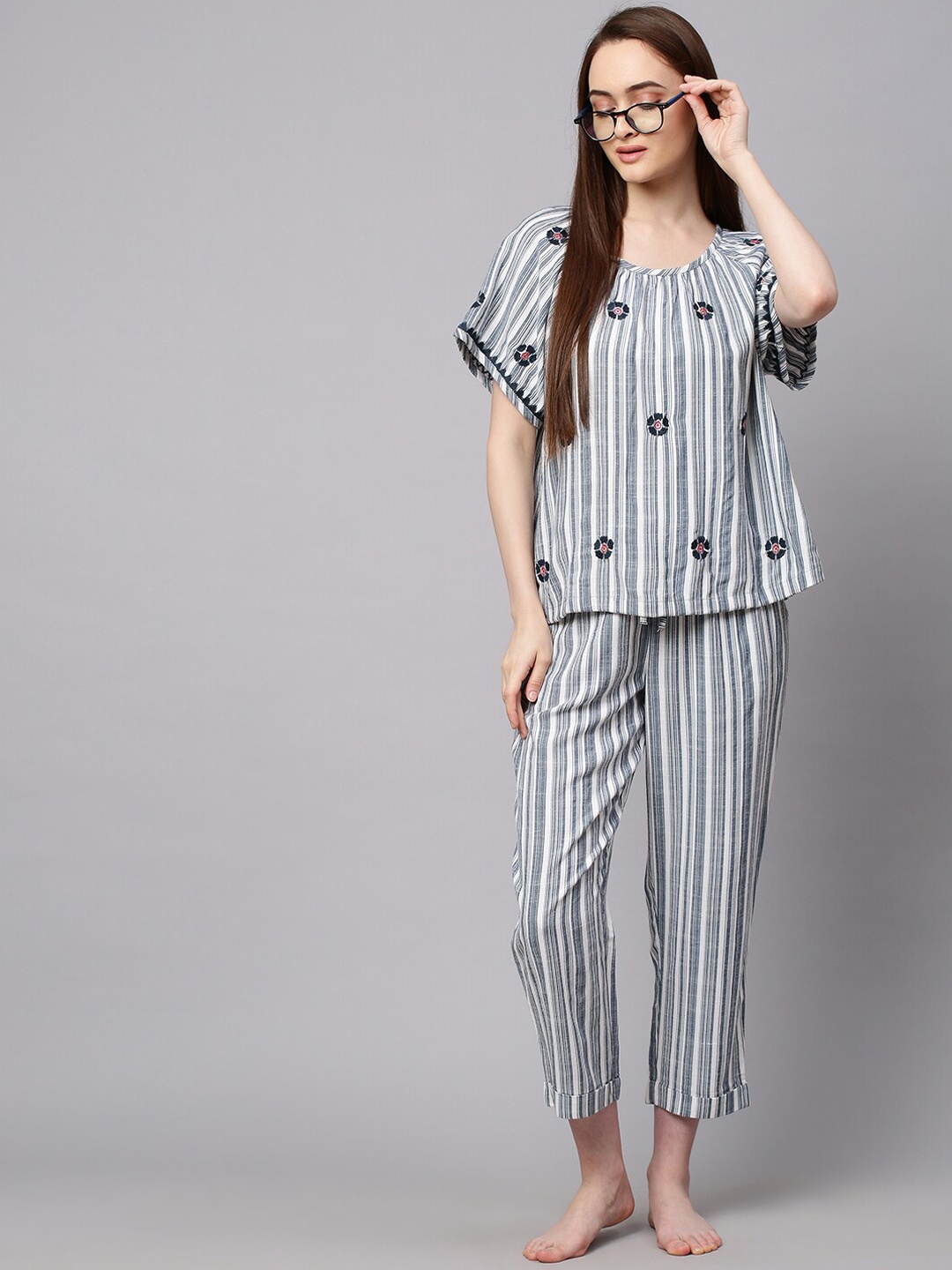 

Chemistry Women Teal Green Embroidered & Striped Night Suit