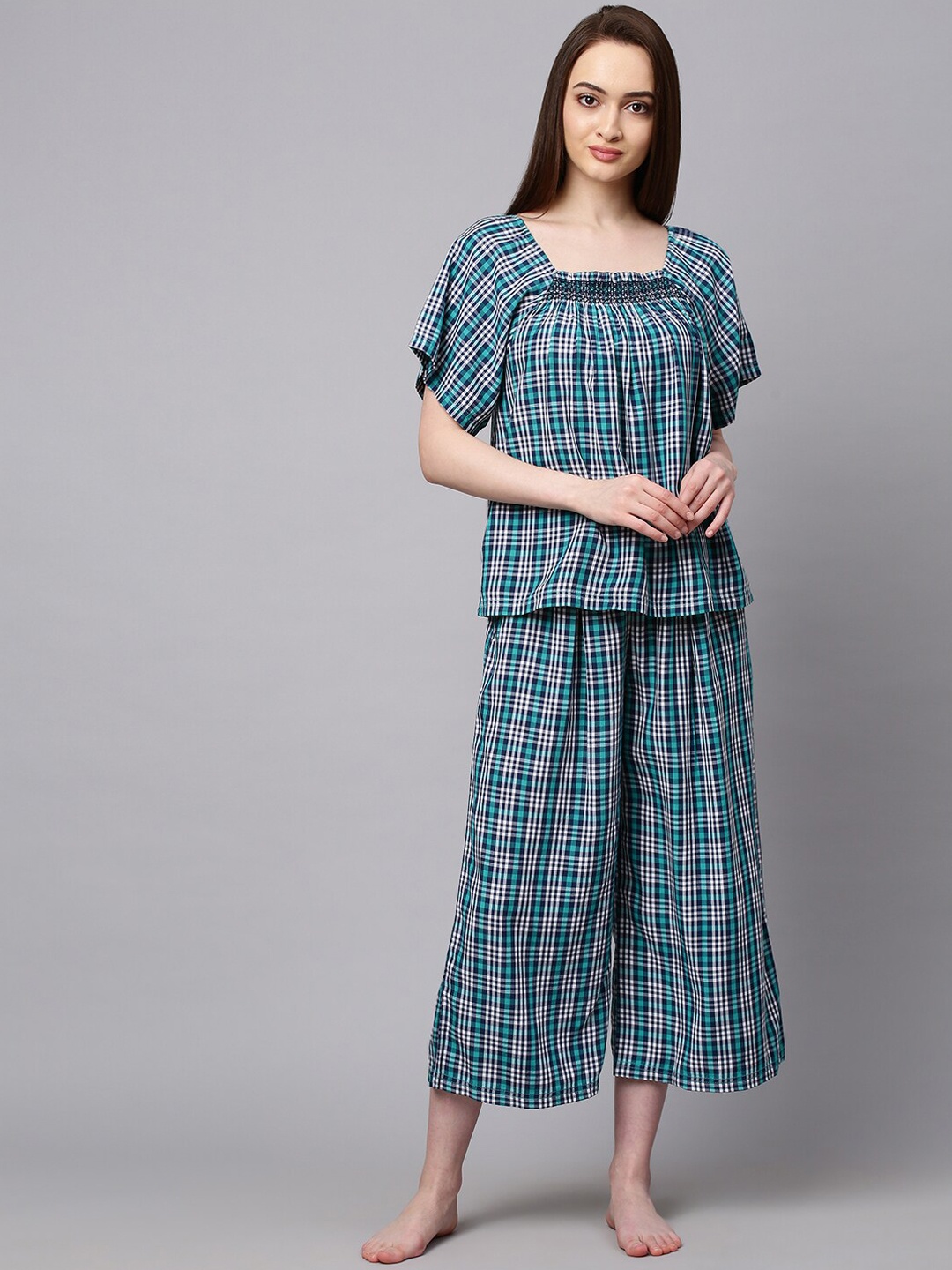 

Chemistry Women Teal Checked Night suit