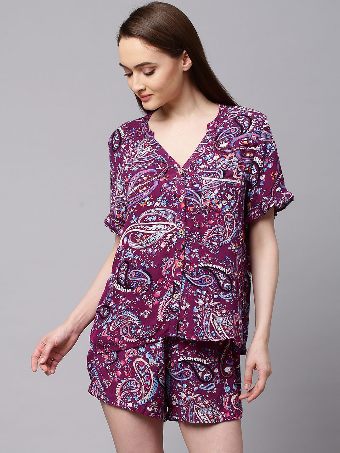 

Chemistry Women Purple & White Printed Crinkle Crepe Night Suit