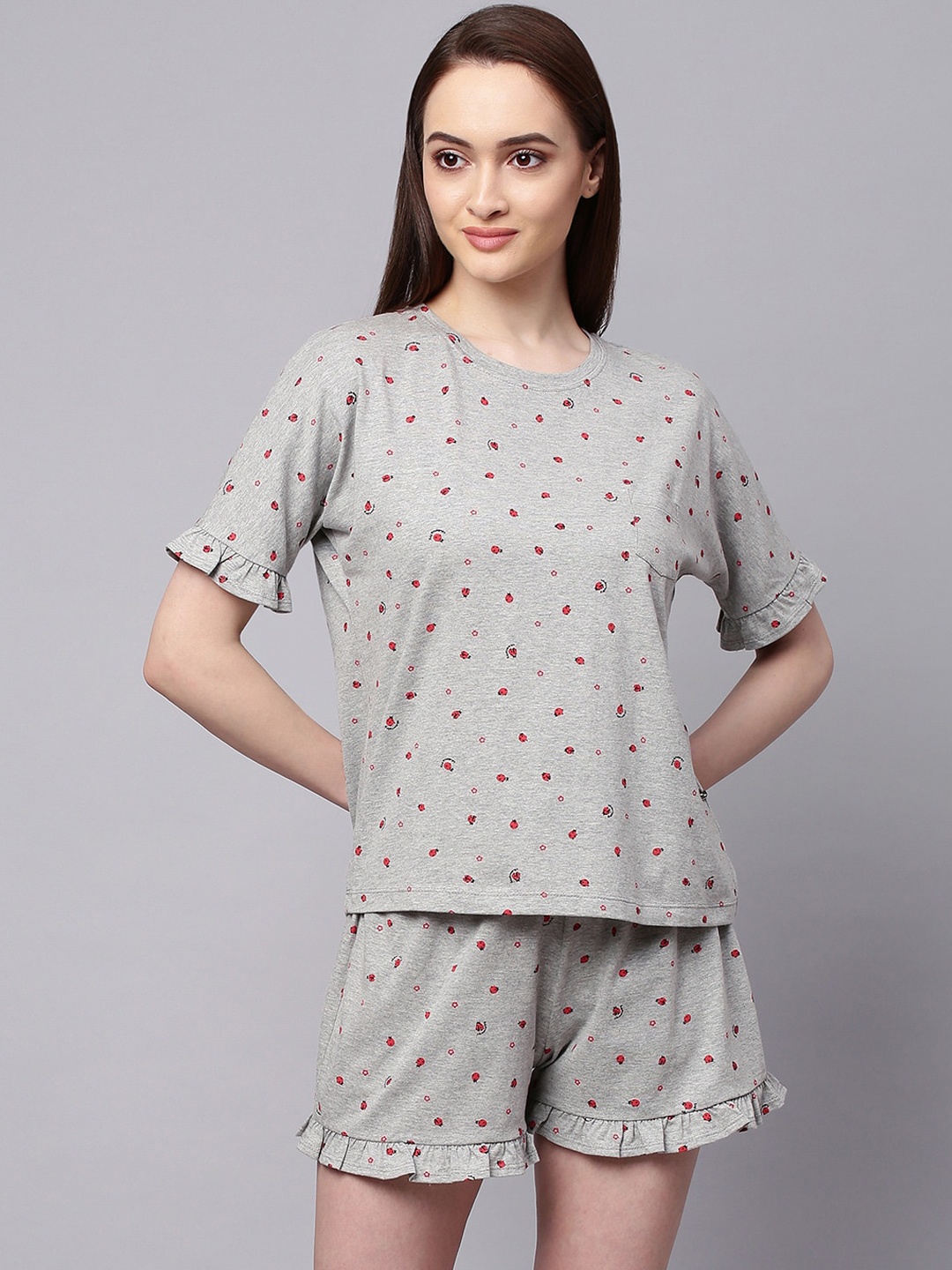 

Chemistry Women Grey & Red Printed Cotton Night suit
