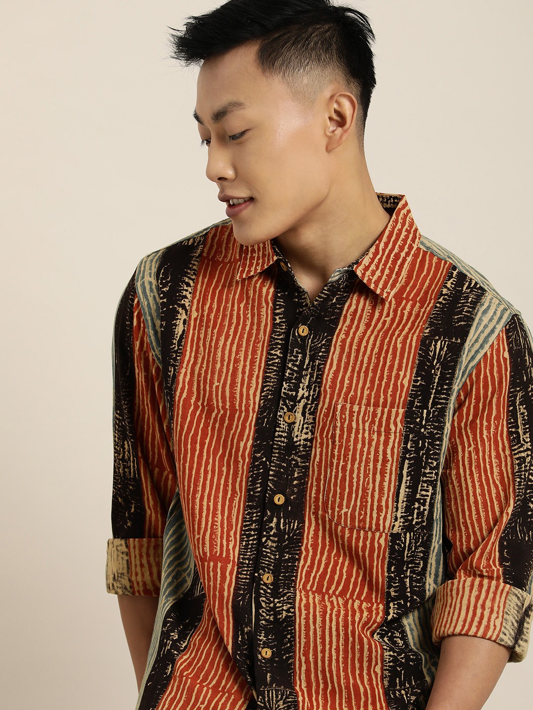 

Taavi Men Orange Ajrakh Printed Slim Fit Casual Shirt